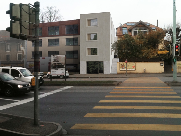 Projet d'un petit immeuble de logements avec une arcade commerciale, Châtelaine, Genève.
Maître de l’ouvrage : privé.