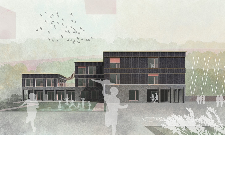 Concours de projet pour une école avec garderie à Lalden, Valais.
Concours d'architecture, 2022.