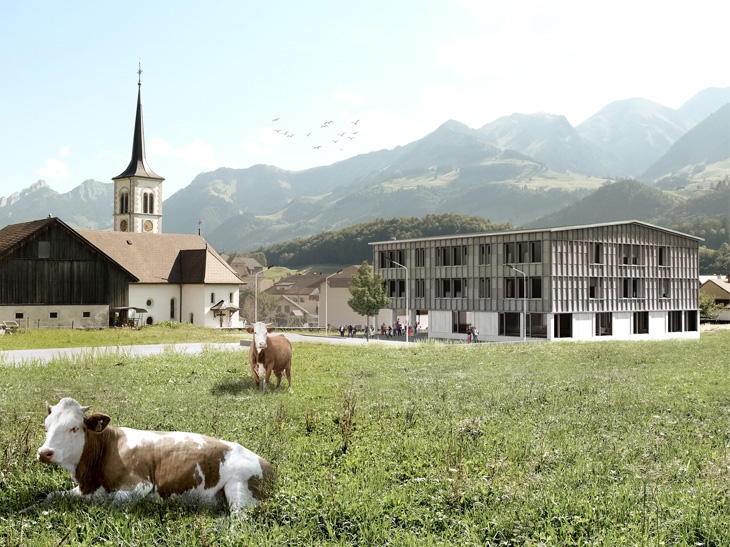 Concours de projet pour la réalisation d'une école et des aménagements extérieurs à Neirivue, Fribourg.
En association avec Andrea Branca, architecte paysagiste.
Collaboratrice: Michèle Burri.