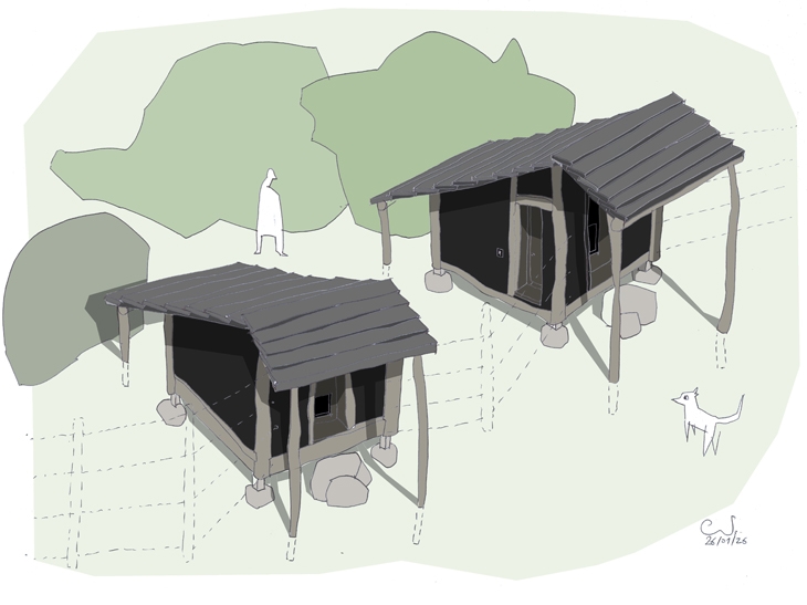 Projet pour deux cabanes en bois huilé noir pour deux loups dans un parc à proximité du Grand chalet à Rossinière.